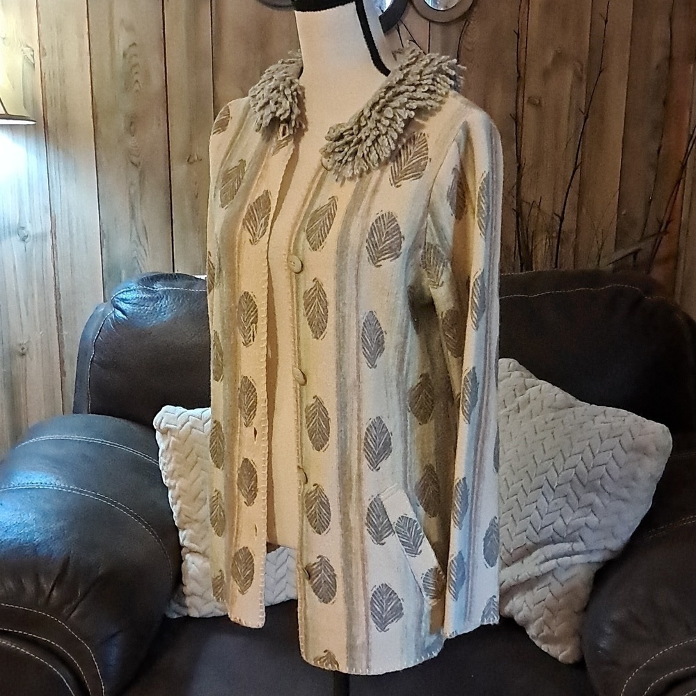 Sigrid Olsen 100% Wool Button Down Cardigan Sweater Size M Boho Grandmacore Leaf - Picture 6 of 12